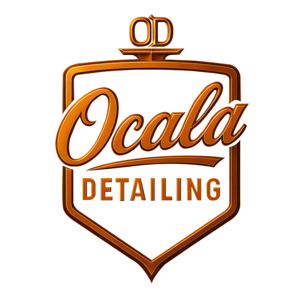Luxury metallic copper and bronze logo for Ocala Detailing featuring an elegant shield emblem with high-end automotive styling on a black background.