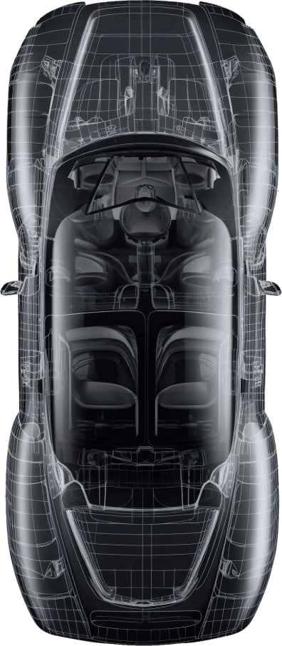 A high-detail grayscale 3D wireframe and transparency overlay of a sports car from a top-down bird's-eye perspective, showing interior seating and engine layout.
