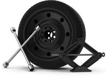 Emergency roadside car kit featuring a black spare tire, silver lug wrench, and mechanical scissor jack on a white background.