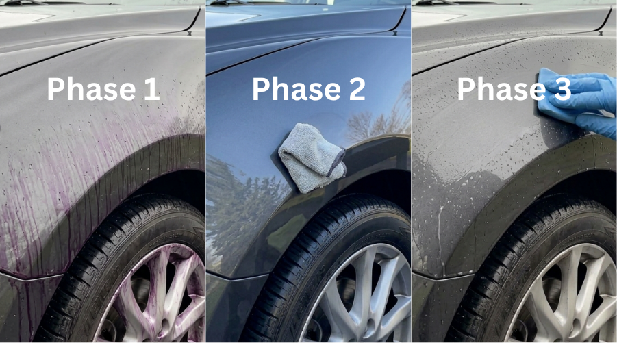 A three-panel collage showing Phase 1 iron remover, Phase 2 microfiber drying, and Phase 3 clay bar treatment for a grey vehicle at our professional auto detailing shop in Ocala, Florida.