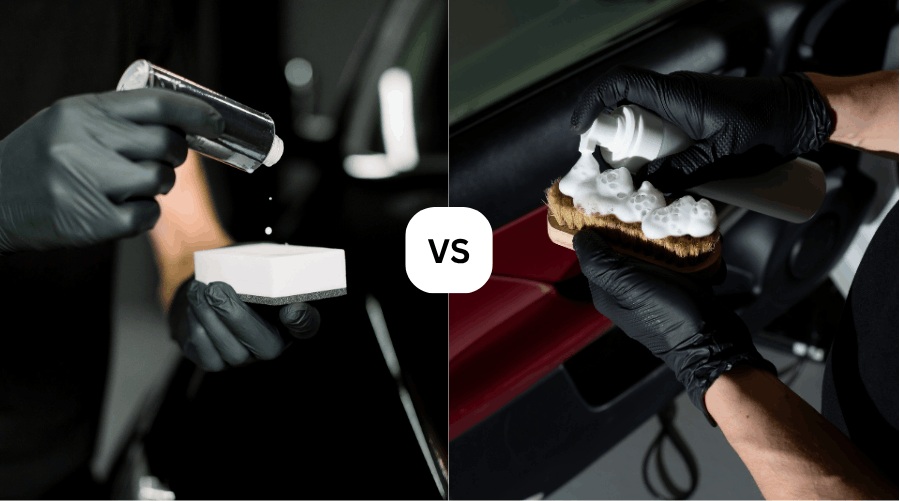 Side-by-side comparison of a professional detailer applying ceramic coating to an exterior applicator and leather cleaner foam to a brush for an interior service in Florida.