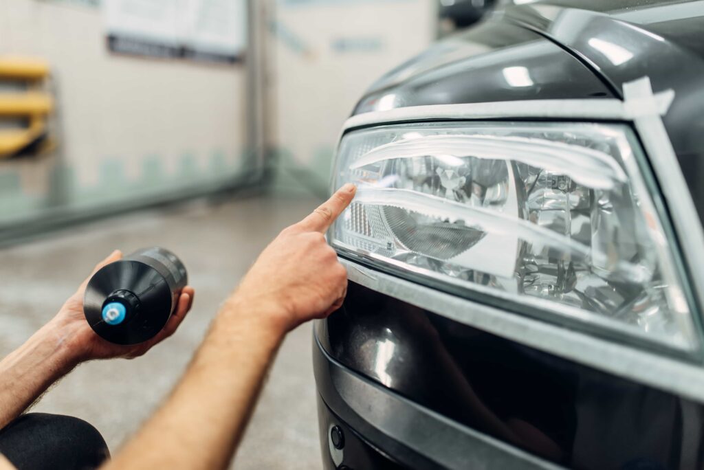 A professional headlight restoration service applying polishing compound to cloudy, oxidized car lights for a vehicle in Florida.