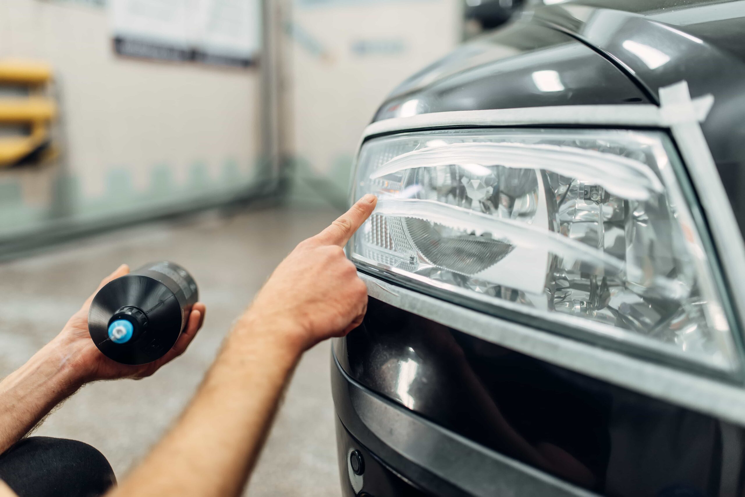A professional headlight restoration ocala service applying polishing compound to cloudy, oxidized car lights for a vehicle in Florida.