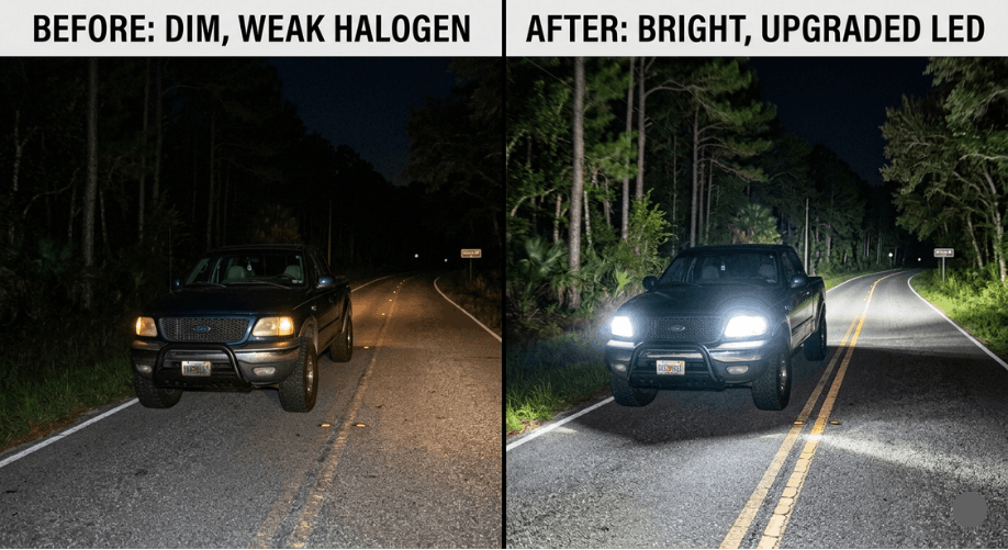 Side-by-side comparison of dim halogen versus bright upgraded LED headlights service in Florida.