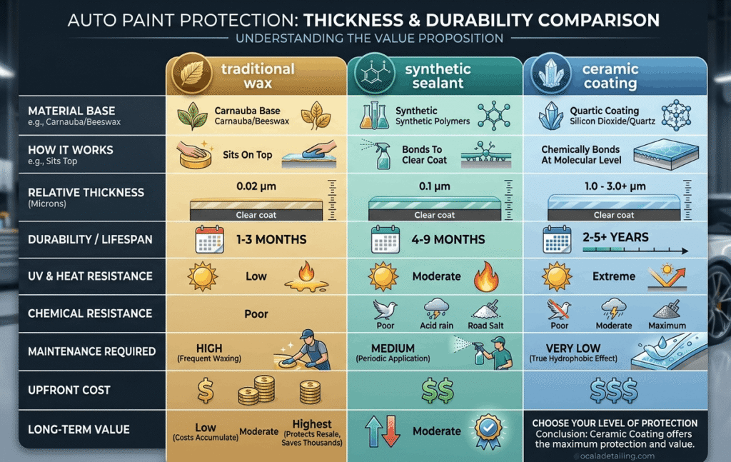 Ceramic Coating Ocala FL: Complete Guide to Paint Protection 3 Infographic comparing auto paint protection, including thickness and durability for ceramic coating vs wax in Ocala, FL.