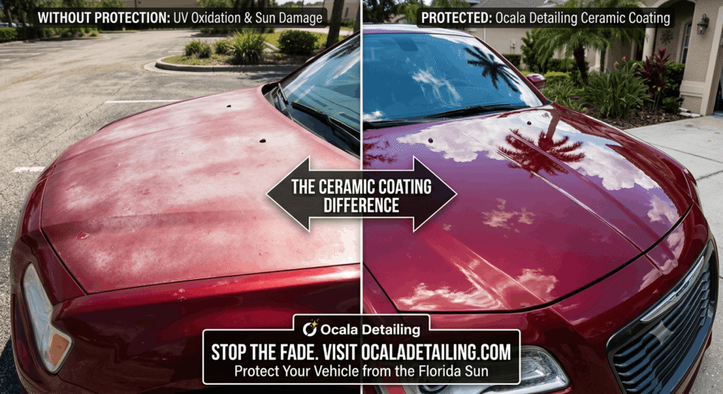Ceramic Coating Ocala FL: Complete Guide to Paint Protection 2 Before and after comparison of car paint protection showing UV damage prevention with ceramic coating by Ocala Detailing in Ocala, FL.