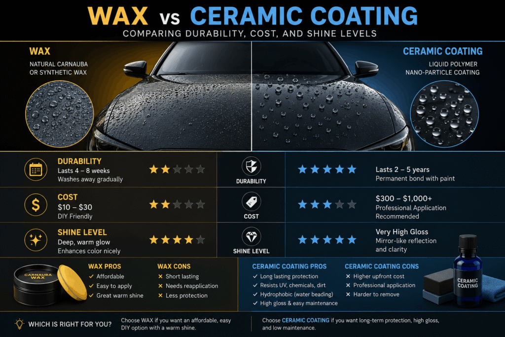 Mobile RV Wash and Wax Near Me for Ocala Florida 3 Infographic comparing ceramic coating vs. wax for car paint protection provided by Ocala Detailing, your mobile auto detailing experts in Ocala, FL.