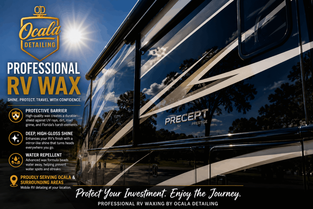 Mobile RV Wash and Wax Near Me for Ocala Florida 2 A side profile of a shiny motorhome after professional RV waxing service in Ocala, FL by Ocala Detailing.