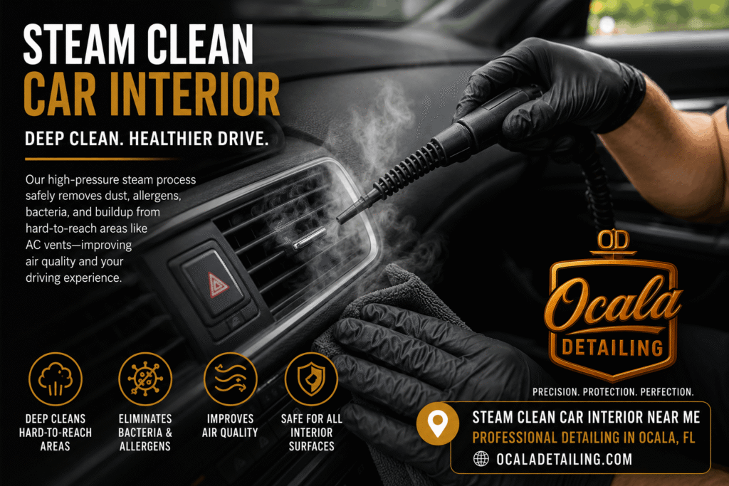 Professional technician providing a steam clean car interior service to sanitize air vents in Ocala, FL.