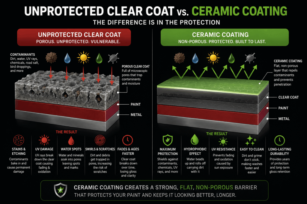 An educational infographic illustrating the differences between an unprotected porous clear coat vulnerable to UV rays and contaminants versus a non-porous ceramic coating barrier on a vehicle's paint layers in Miami, Florida.