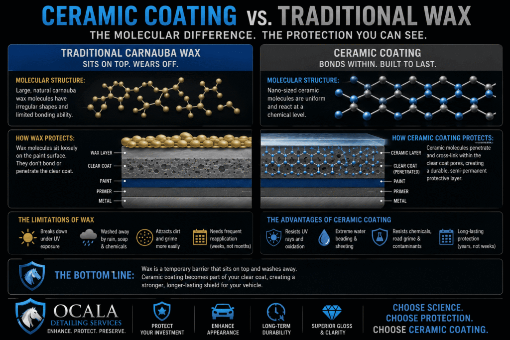Ceramic Coating vs Traditional Wax: Ultimate Florida July Guide 2 An educational infographic illustrating the molecular differences between traditional carnauba wax that sits loosely on top of the clear coat versus ceramic coating nano-molecules that penetrate and cross-link within paint pores in Ocala, Florida.