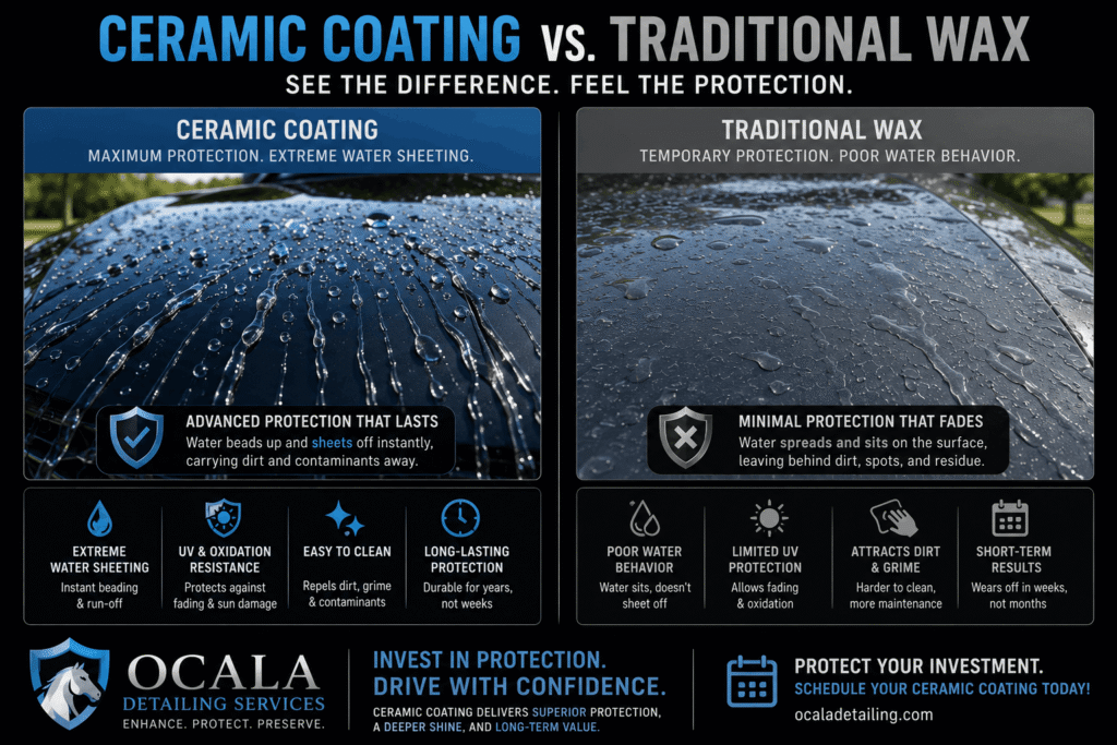 Ceramic Coating vs Traditional Wax: Ultimate Florida July Guide 1 An educational infographic comparing the hydrophobic water sheeting performance of a permanent ceramic coating versus the temporary protection and poor water behavior of traditional car wax in Ocala, Florida.