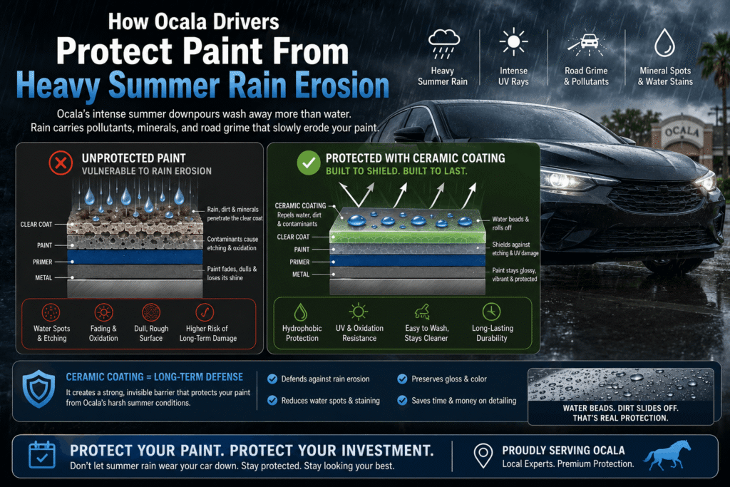 An infographic demonstrating how ceramic coating in Ocala paint shields automotive paint layers from heavy summer rain erosion, mineral spots, and intense UV rays for drivers in Ocala, Florida.