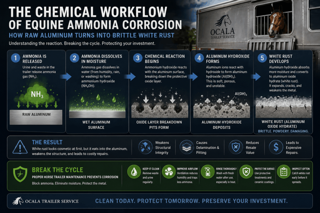 An educational infographic charting the five chemical steps of how equine ammonia gas dissolves into moisture and corrodes raw aluminum floors into brittle white rust inside horse trailers in Ocala, Florida.