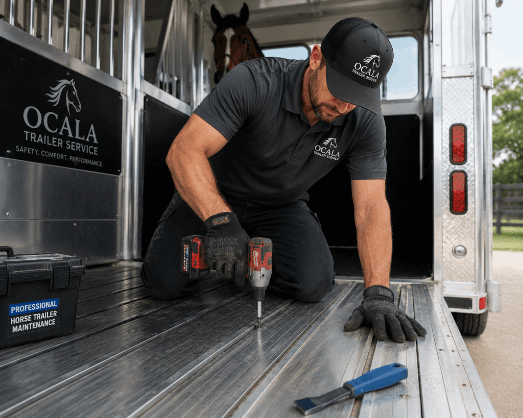 A professional mechanic with Ocala Trailer Service uniform using a power drill to repair the aluminum plank flooring of a luxury horse trailer with a horse visible inside in Ocala, Florida.