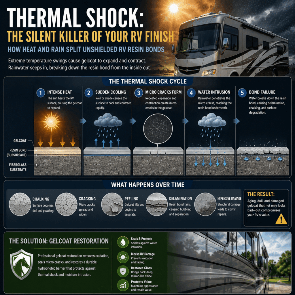 An educational infographic by Ocala RV Services showing the 5-step thermal shock cycle where extreme heat and sudden rain cause micro-cracks, water intrusion, and bond failure on an RV's gelcoat finish in Ocala, Florida.