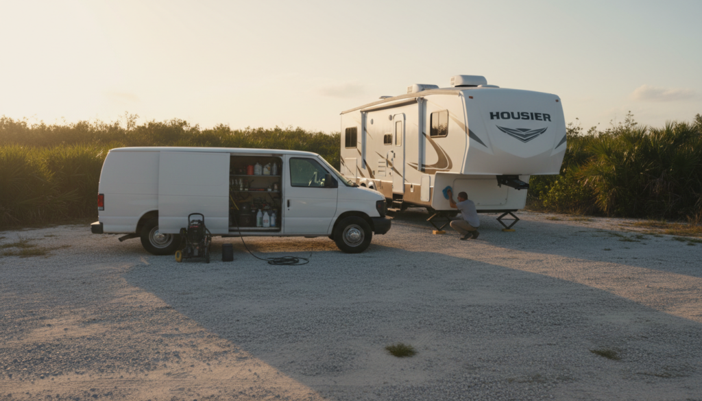 Your Guide to Florida Mobile RV Detailing Service in 2026 2 mobile detailing van servicing a fifth wheel trailer in a Belleview storage lot
