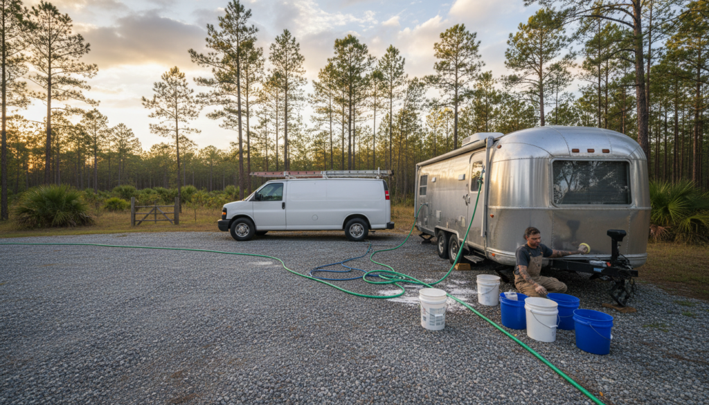 Ocala's Trusted RV Wash and Wax Service Near Me for 2026 3 mobile detailing van parked beside a travel trailer during a wash and wax appointment in Marion County