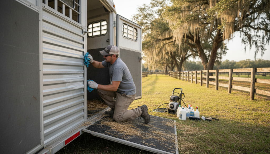 Trusted Equestrian Mobile Detailing for Marion County Horse Owners 1 equestrian mobile detailing crew cleaning a horse trailer interior at an Ocala farm