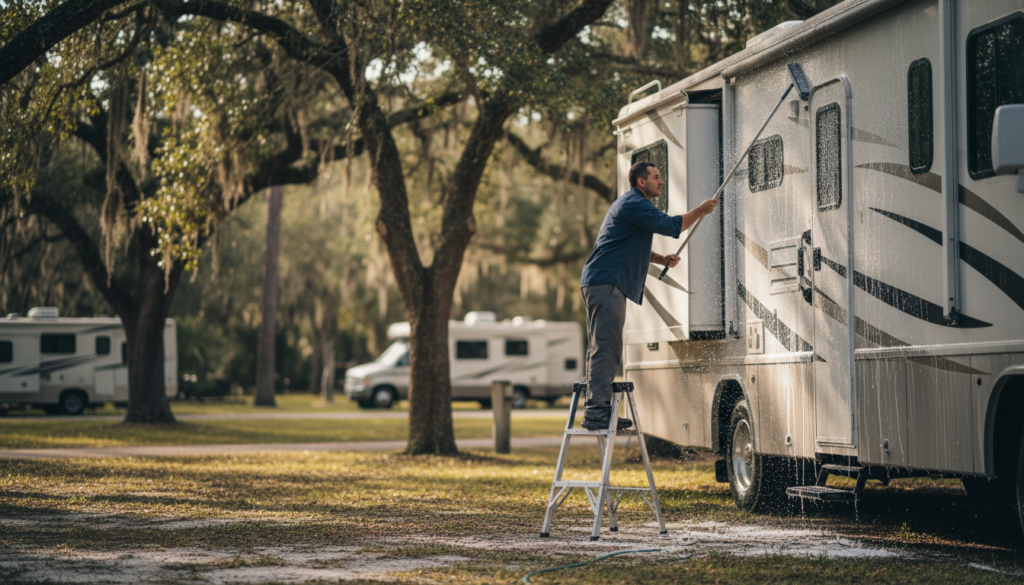 Your Guide to Florida Mobile RV Detailing Service in 2026 1 florida mobile rv detailing technician washing a motorhome at a Marion County campground