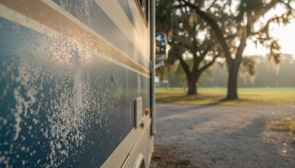 Fixing Faded RV Paint: Ocala's Oxidation Removal Guide 1 chalky white oxidation on RV fiberglass before rv oxidation removal near me service