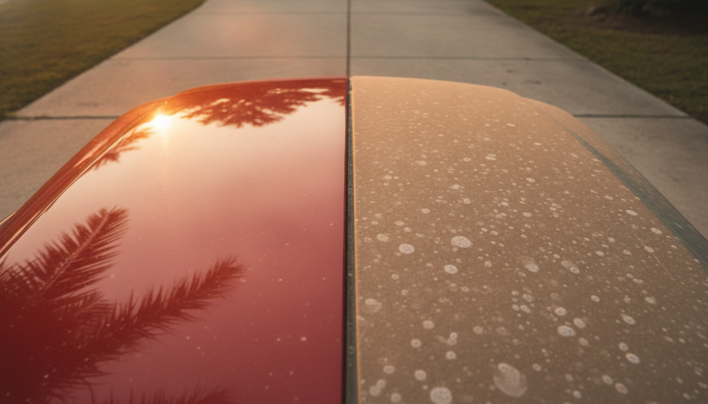 Find Trusted Mobile Car Cleaning Near Me in Ocala, FL 2 comparison of a mobile car detail versus tunnel car wash results on a truck hood