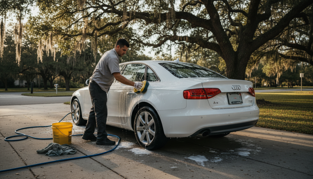 Find Trusted Mobile Car Cleaning Near Me in Ocala, FL 1 mobile car cleaning near me technician hand-washing a sedan in an Ocala driveway