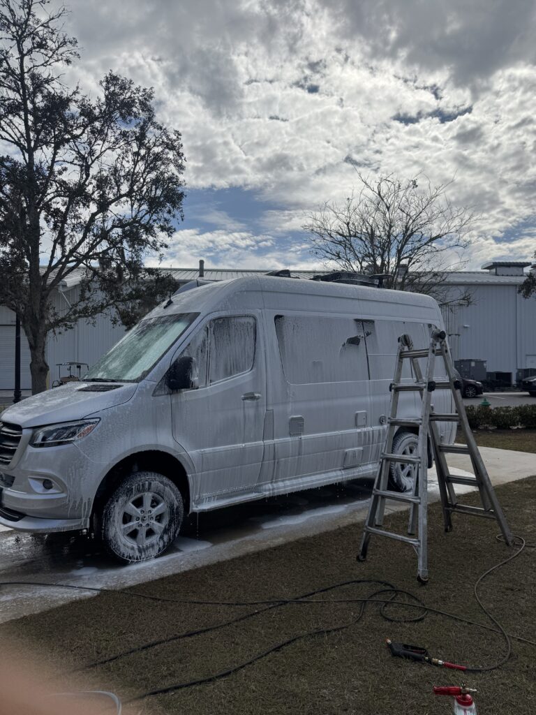 mobile detailing van set up for a trailer acid wash near me in a Marion County driveway