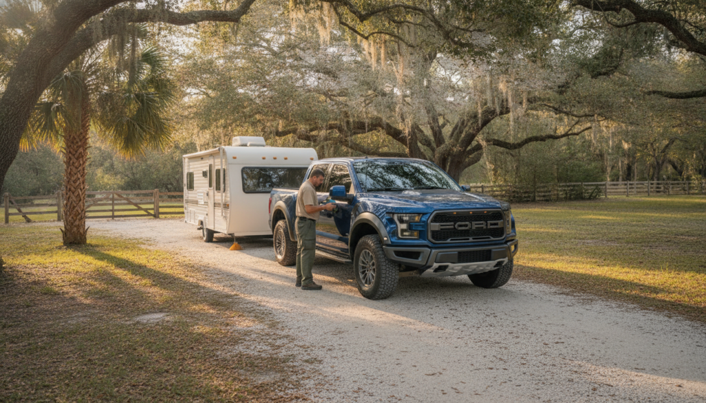 Your Local Guide to Auto Ceramic Coating Near Me in 2026 3 RV and pickup truck parked side by side after ceramic coating application in Ocala Florida