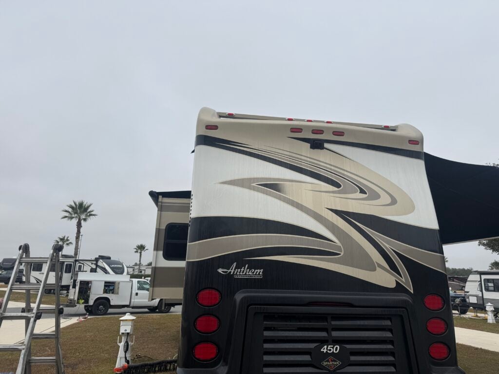 RV mobile detailing near me service on a motorhome parked at an Ocala campground