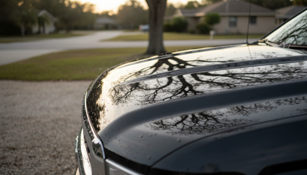Your Local Guide to Auto Ceramic Coating Near Me in 2026 2 side by side comparison of dull versus ceramic coated truck hood in Ocala sun
