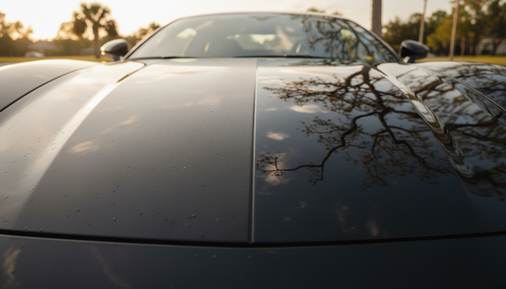 Ceramic Car Coating Near Me: What Ocala Drivers Should Know in 2026 2 side by side comparison of waxed versus ceramic coated car hood in sunlight