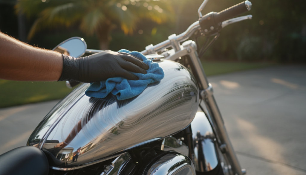 technician hand-detailing a motorcycle chrome tank in Ocala FL